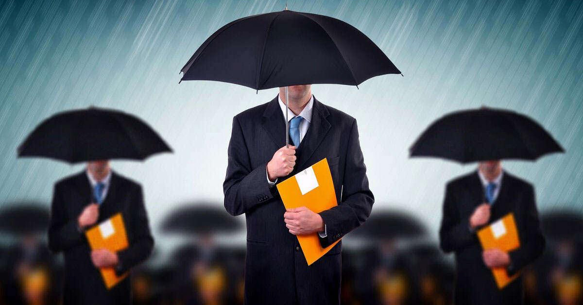 3 suited men with yellow folders and umbrellas covering their faces