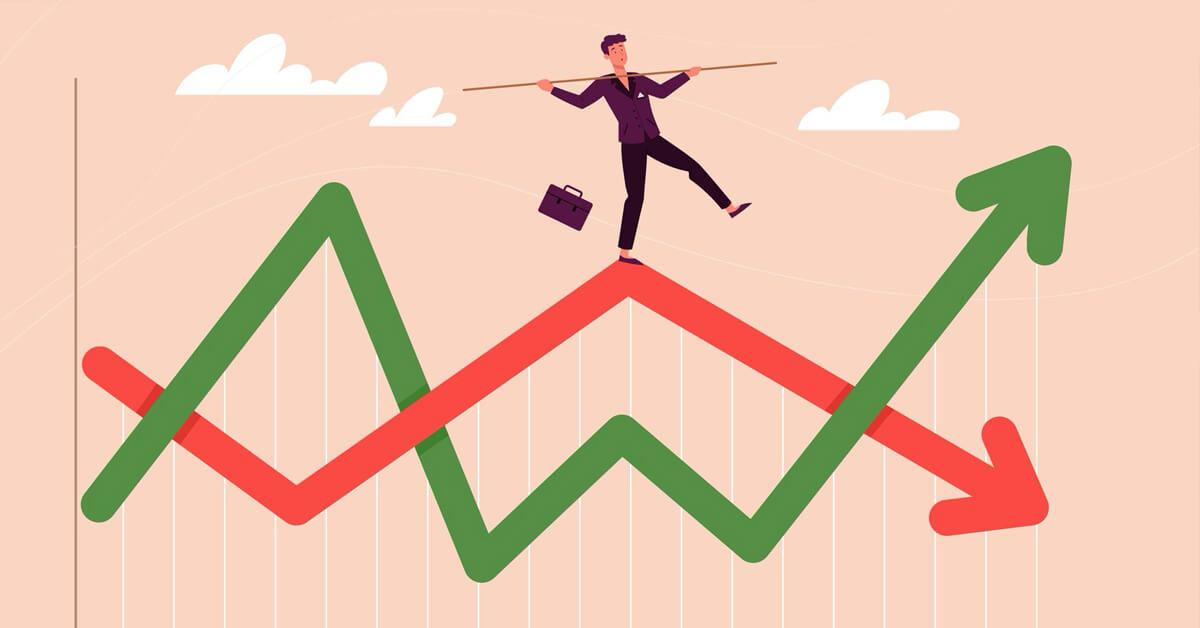 an illustration of a business man balancing on top of up and down arrows