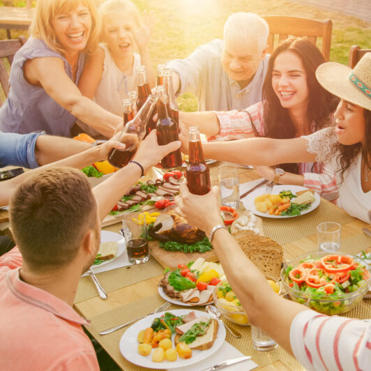 family and friends make a toast at outdoor dinner