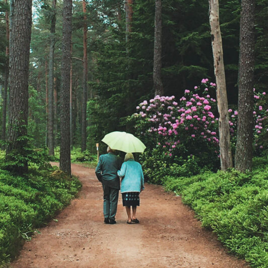 retired couple walks with an umbrella down a forest path